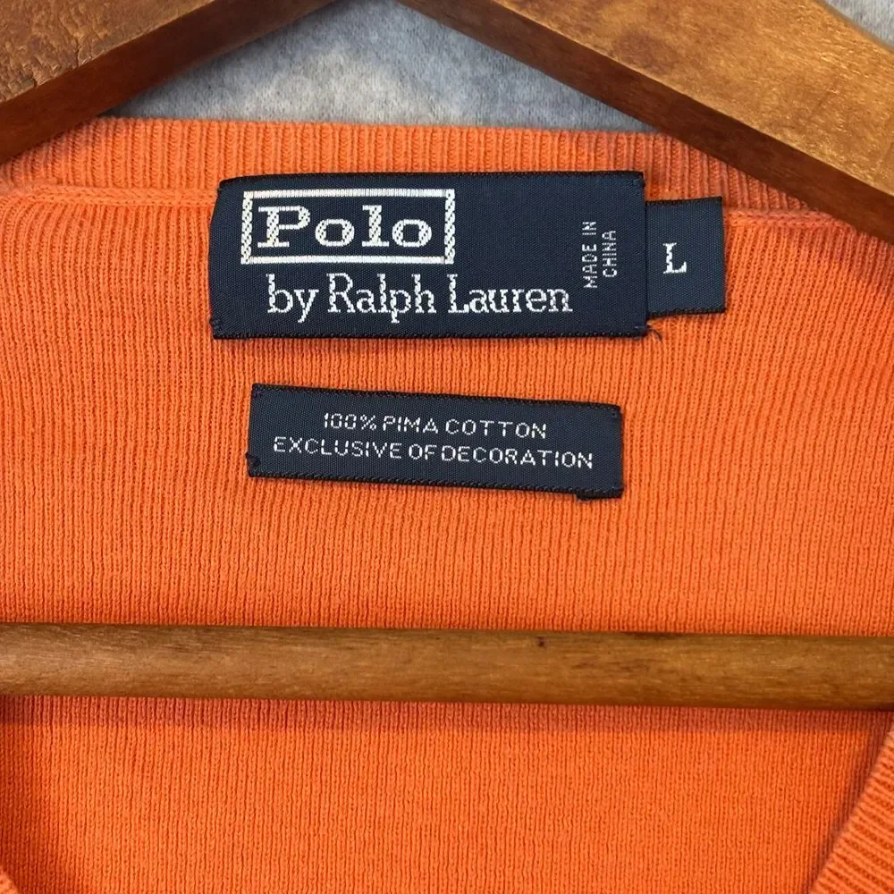 Vintage Polo Ralph‎ Lauren Men's Orange Pullover Sweater Large Cotton Y2K Preppy